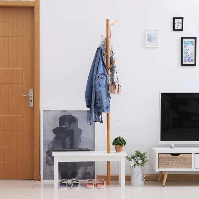 HOMCOM Bamboo Coat Rack W/Shoe Bench, 80Lx30Wx180H cm-White/Natural Wood Colour