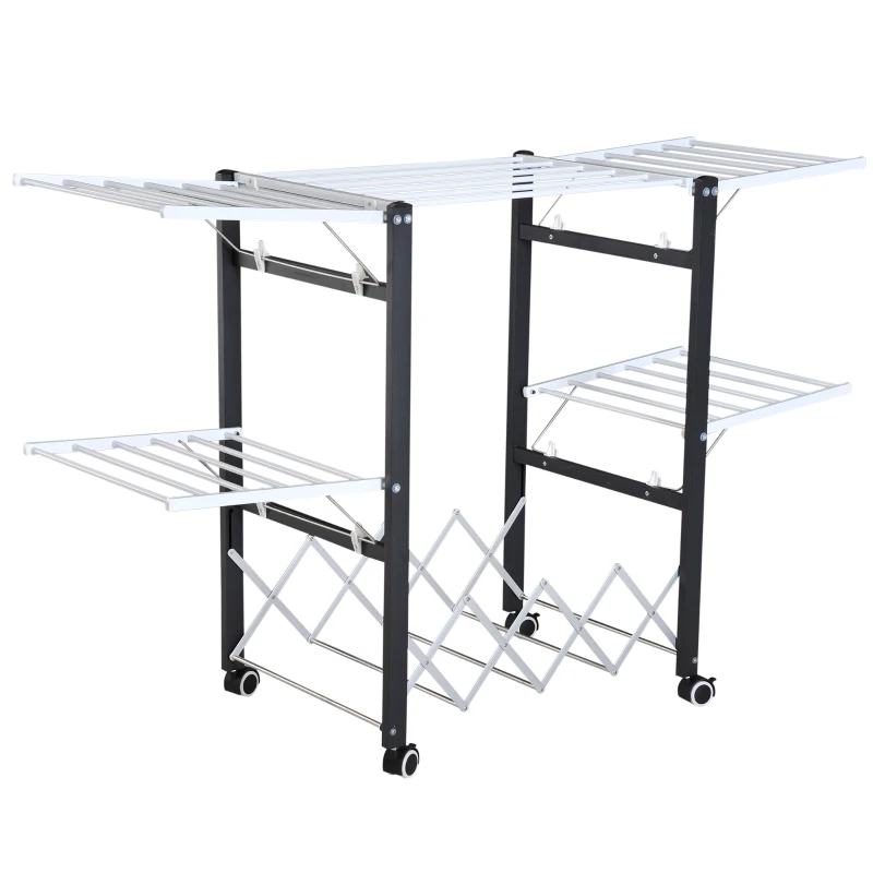 HOMCOM Foldable Clothes Drying Rack w/ Casters, 157.5Lx54Wx101H cm-Black/White