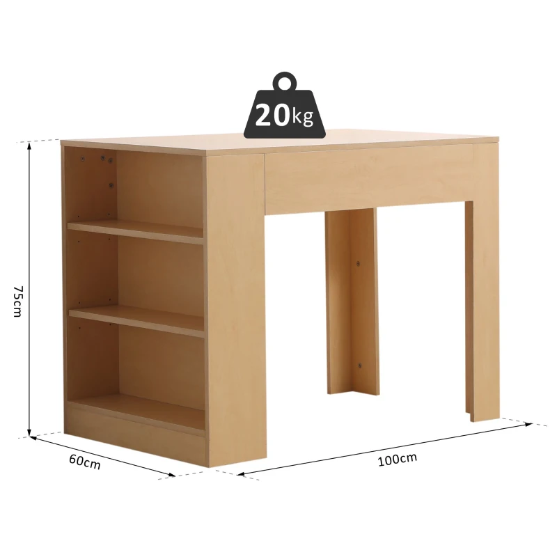 HOMCOM 100cm Multifunctional Table W/ 3-tier Shelf, 100Wx60Dx75H cm-Natural Wood Colour