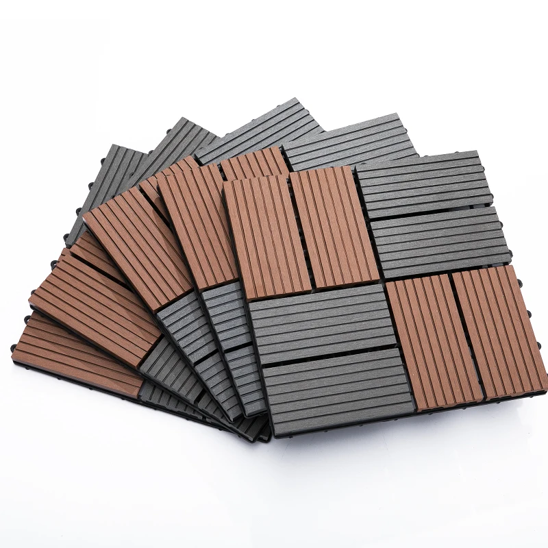 Outsunny Interlocking Decking Tiles, High-density Polyethylene, 30x30cm, 11pcs-Light Brown/Grey