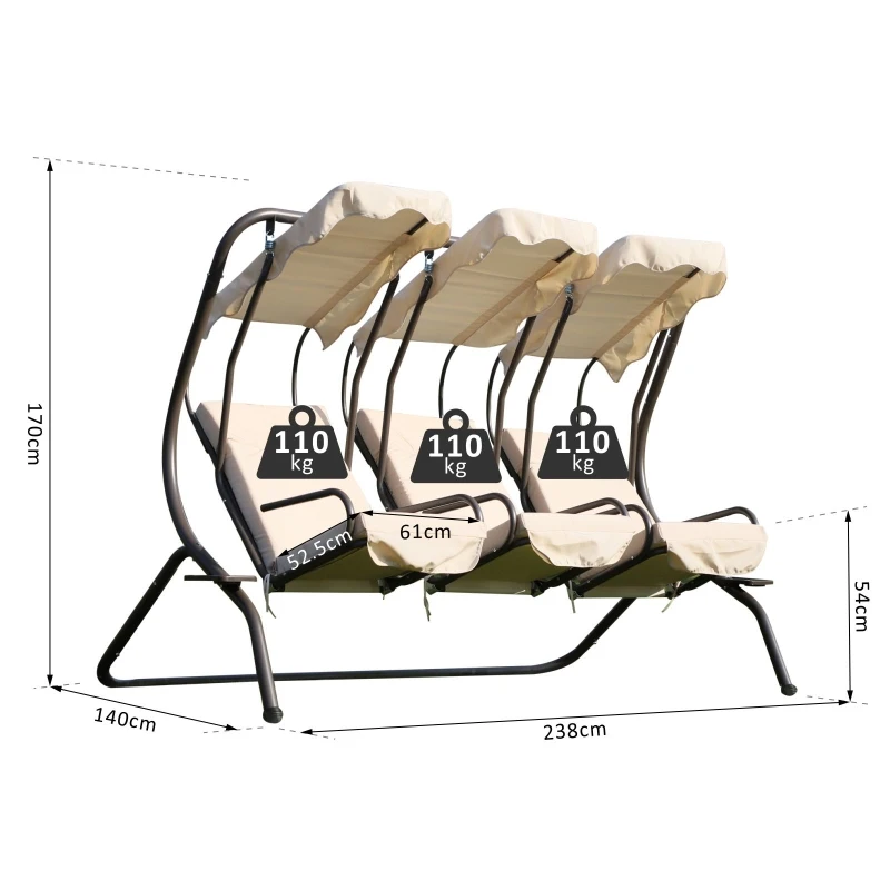 Outsunny 3-Seater Swing Chair W/ Removable Canopy and Cup Trays, Steel Frame-Beige