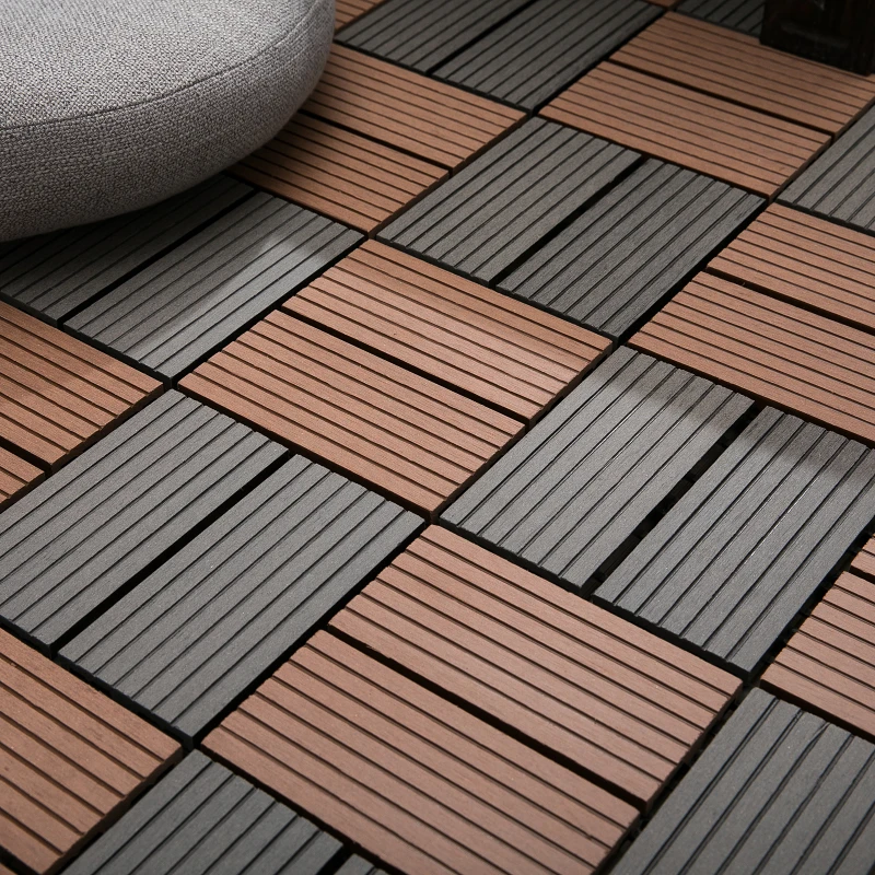 Outsunny Interlocking Decking Tiles, High-density Polyethylene, 30x30cm, 11pcs-Light Brown/Grey