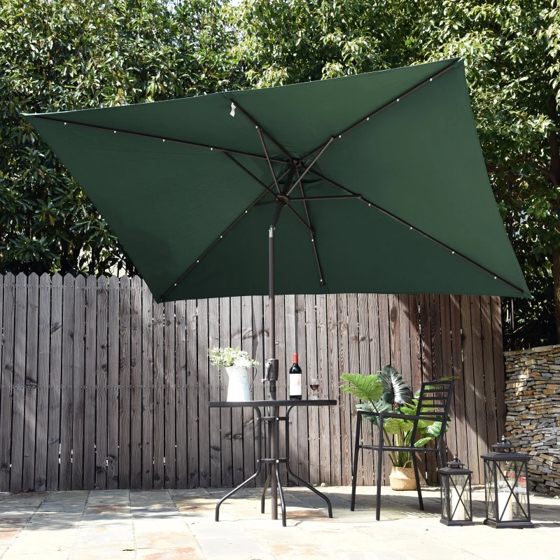 Outsunny Patio Parasol Sun Umbrella Solar LED Lit, 195Lx295Wx240Hcm-Dark Green