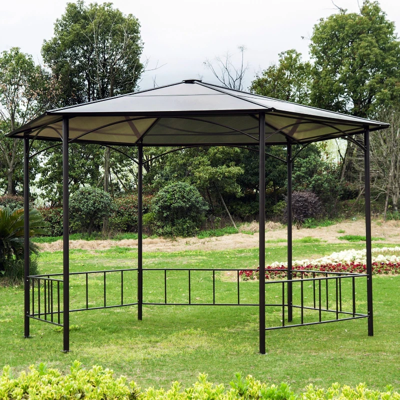 Outsunny 2m Hexagonal Patio Metal Gazebo w/Curtain-Brown/Beige