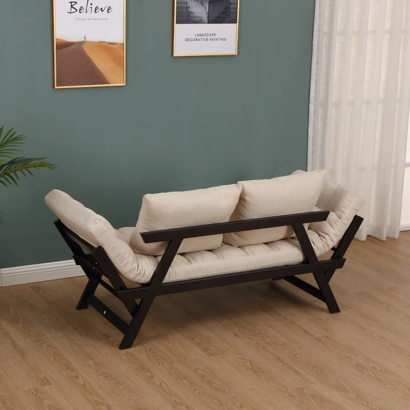 HOMCOM Linen Fabric 3-Position Sofa Bed Chaise Lounge Convertible with Pillows Beige