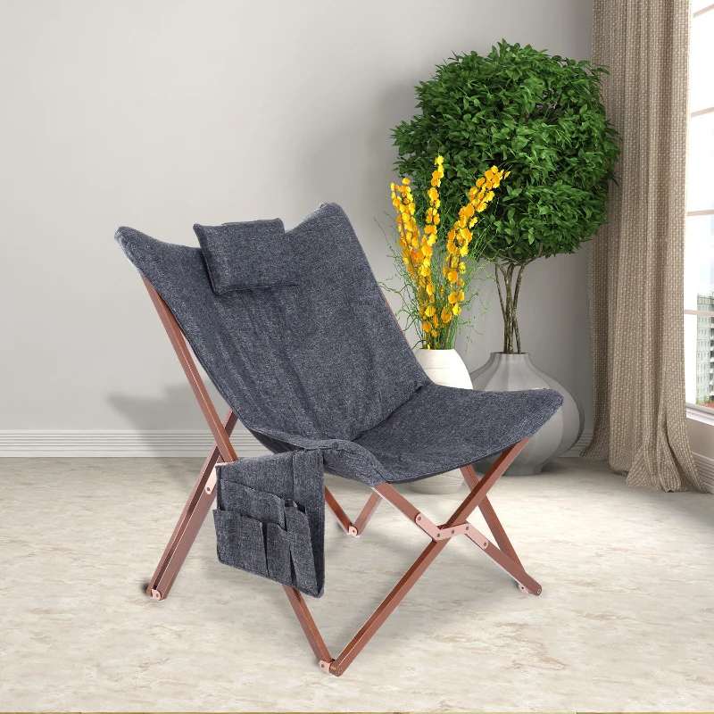 HOMCOM Portable Folding Wooden Lounger W/Storage Pocket-Dark Grey