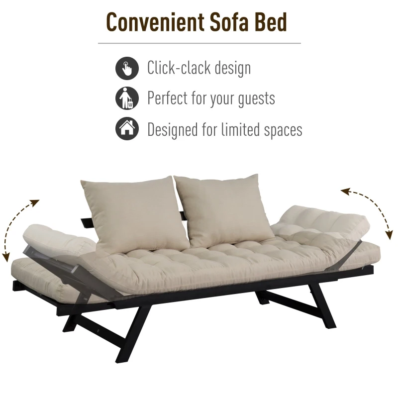HOMCOM Linen Fabric 3-Position Sofa Bed Chaise Lounge Convertible with Pillows Beige