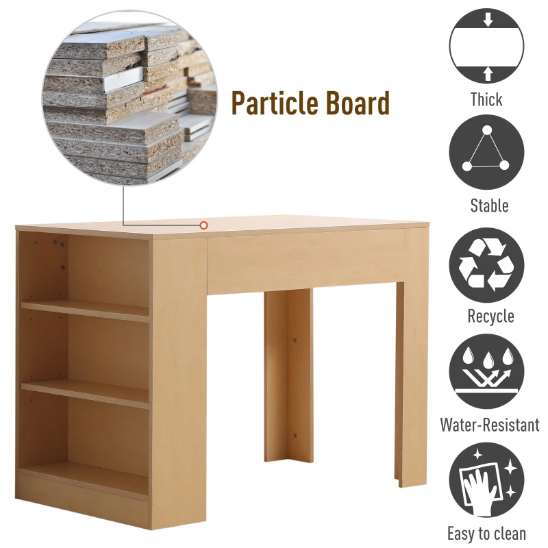 HOMCOM 100cm Multifunctional Table W/ 3-tier Shelf, 100Wx60Dx75H cm-Natural Wood Colour