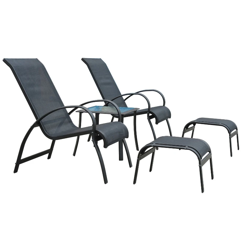 Outsunny 5 Pc Garden Lounger Set: 2 xChairs, 1 xCoffee Table, 2 xFoot Stool-Black