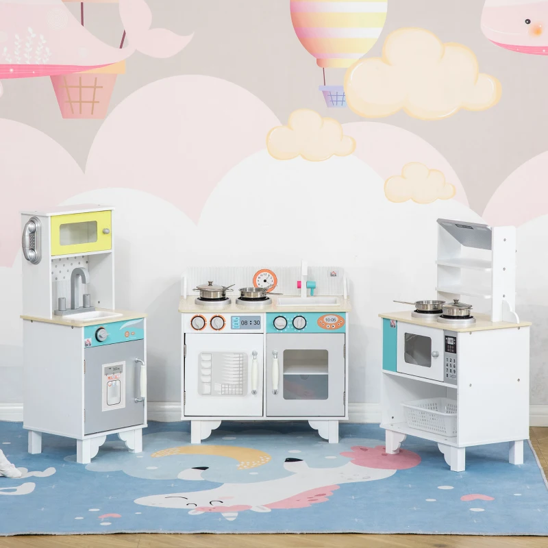 HOMCOM 3 Cocinas de Juguete de Madera para Niños de +3 Años Cocinita Infantil con Teléfono Accesorios Estantes Armarios Dispensador de Agua y Microondas 57x28x55 cm Blanco