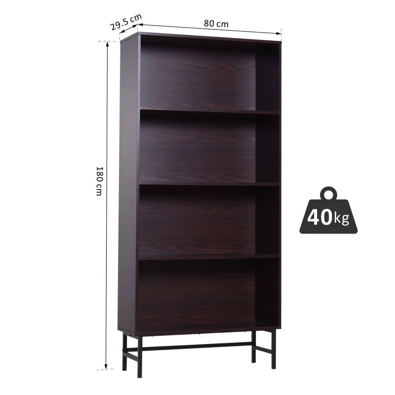 HOMCOM 4-Tier Bookshelf, 80Lx29.5Wx180H cm-Dark Coffee/Grain/Black Colour