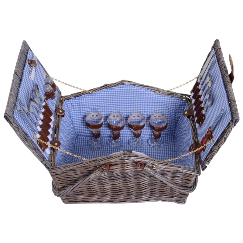 Outsunny 4 People Picnic Basket, 46Lx32Wx27Hcm-Grey/Blue