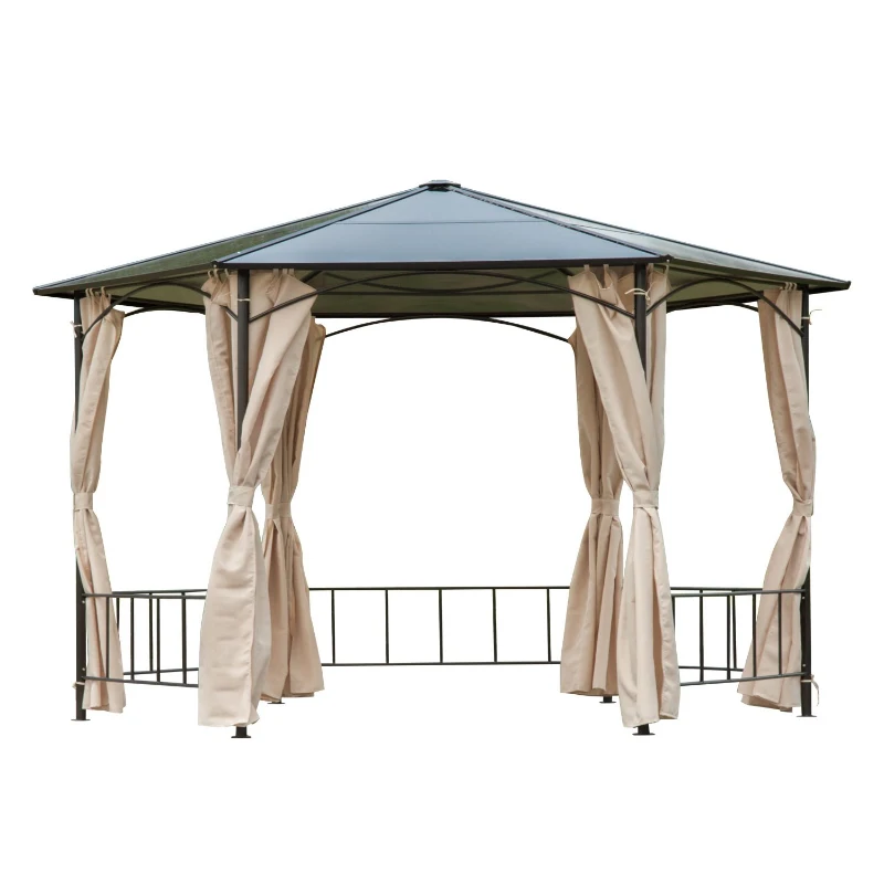 Outsunny 2m Hexagonal Patio Metal Gazebo w/Curtain-Brown/Beige