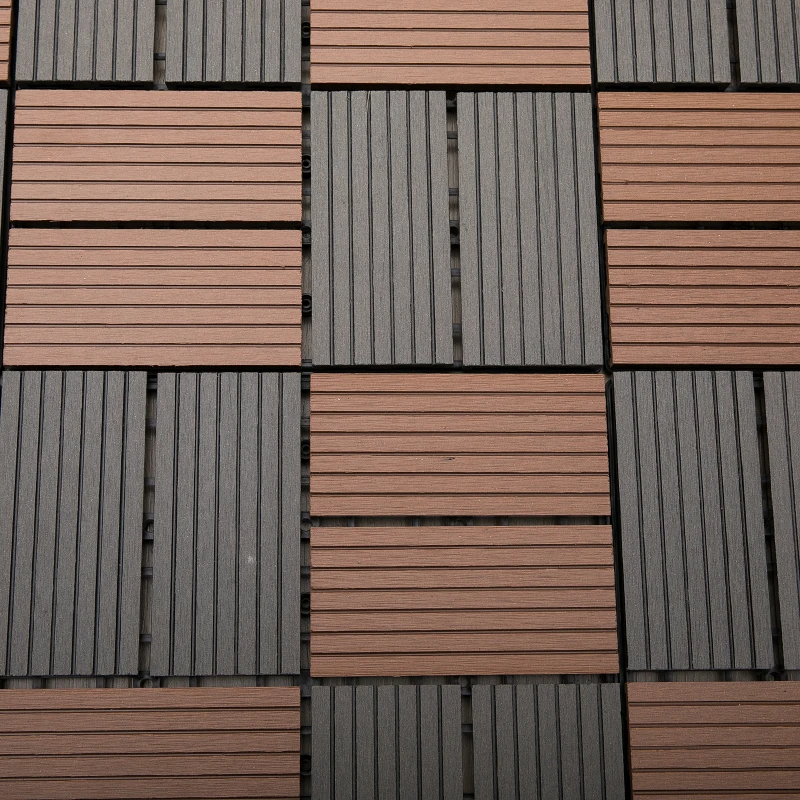 Outsunny Interlocking Decking Tiles, High-density Polyethylene, 30x30cm, 11pcs-Light Brown/Grey