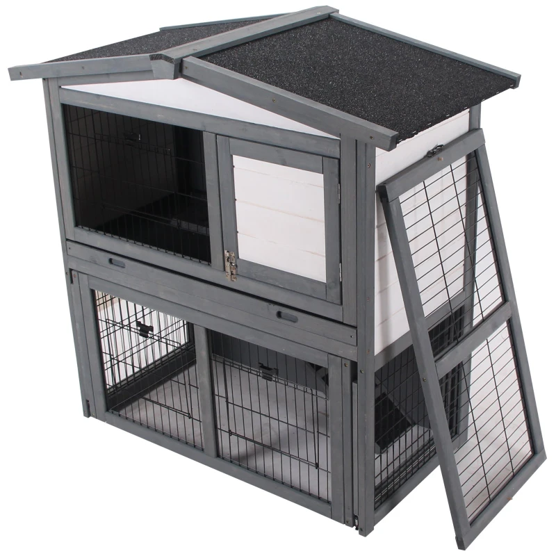 PawHut Coelheira de Exterior de Madeira de 2 Níveis Gaiola para Coelhos e Animais Pequenos com Teto Asfástico Zona Aberta Bandeja Removível e Rampa 101,5x90x100cm Cinza