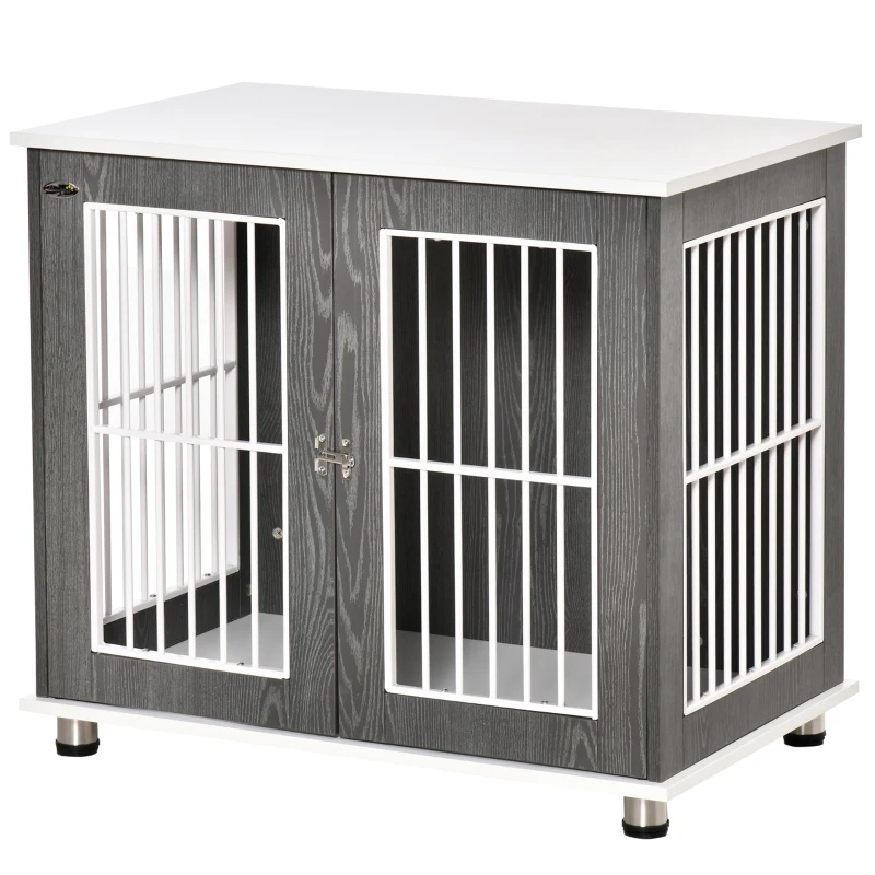 PawHut Dog Crate Wooden Pet Kennel Cage End Table w/ Lockable Door for Small Medium Dog Grey & White 85 x 55 x 75 cm