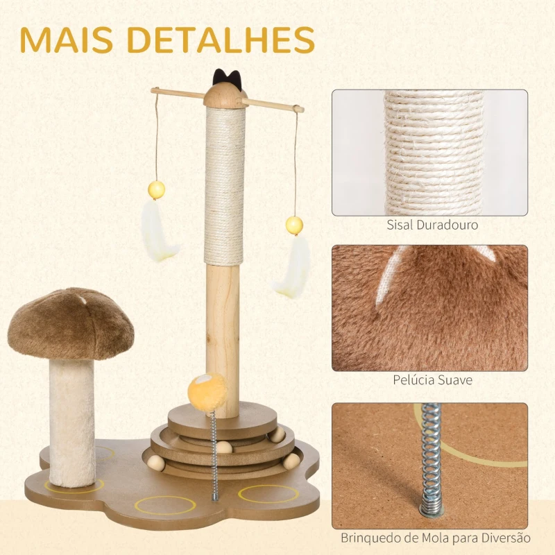 PawHut Arranhador para Gatos com Postes de Sisal em Forma de Cogumelo Brinquedo Suspenso Penas Pista de Bolas de Madeira e Bola com Mola 46x44x56,5cm Marrom e Bege