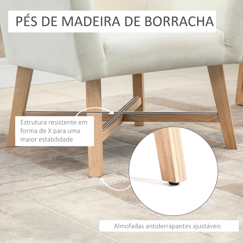 HOMCOM Poltrona de Sala de Estar Estofada em Veludo Poltrona Relax Moderna com Apoio para os Braços Acolchoados Pés de Madeira e Base Cruzada para Dormitório 67x65x74cm Branco Creme