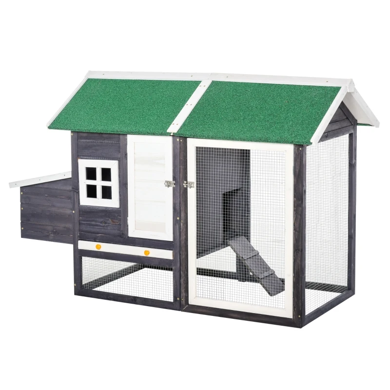 PawHut 170cm Deluxe Chicken Coop Small Animal Habitat Hen House with Outdoor Run Resting  Nesting Box Removable Tray Waterproof Asphalt Roof Lockable Door Grey