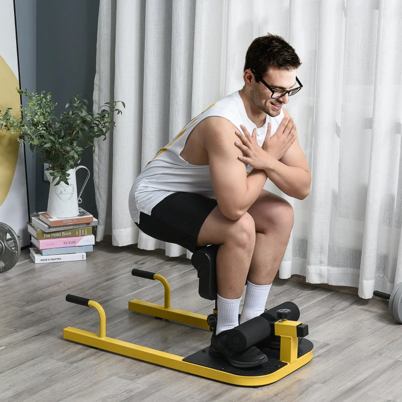 HOMCOM Sissy Squat 3 em 1 Máquina de Agachamento para Exercícios de Abdominais Flexões Agachamentos 50x97x56,5cm Preto e Amarelo