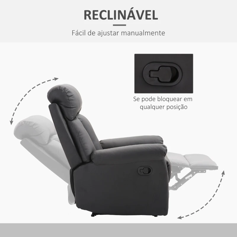 HOMCOM Poltrona Relax Reclinável Estofado em PU Poltrona de Sala de Estar com Apoio para os Pés Retrátil Encosto Alto Apoio para os Braços e Assento Acolchoado Grosso 80x97x107cm Preto