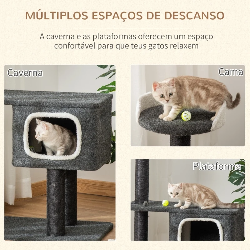 PawHut Árvore para Gatos Torre de Escalada para Gato com Caverna Várias Plataformas e Postes Arranhadores de Sisal Natural Centro de Atividades 70x41x112cm Cinza Escuro