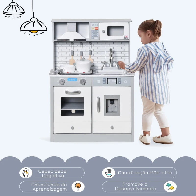 HOMCOM Cozinha Infantil de Madeira para Crianças de 3-6 Anos Cozinha de Madeira Infantil com Luz Sons Acessórios Utensílios Exaustor Lavatório e Microondas 60x29x84cm Cinza