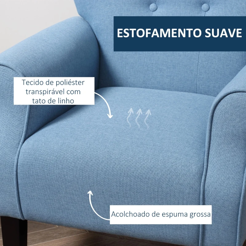 HOMCOM Poltrona de Sala de Estar Estofada Poltrona Relax com Apoio para os Braços Assento Acolchoado e Pés de Madeira Estilo Moderno para Dormitório 78x74x97cm Azul Claro