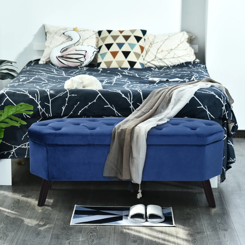 HOMCOM Home Storage Ottoman Bench Footrest Wood Velvet for Entryway, Living Room, Bedroom Dark Blue