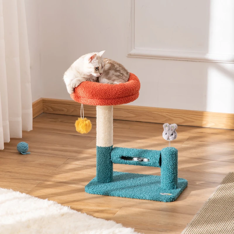 PawHut Árvore para Gatos Pequenos com Cama Removível Rolo com Sinos Poste Arranhador de Sisal Bola Suspensa e Brinquedo 37x25x45cm Azul e Laranja