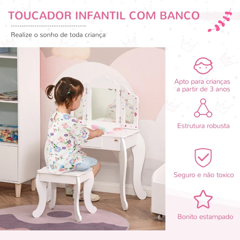 HOMCOM Toucador Infantil de Madeira com Banco e Espelho de Acrílico de 2 Sessões Mesa de Maquilhagem Infantil com Gaveta para Dormitório Sala de Jogos 63x40x85,5cm Branco