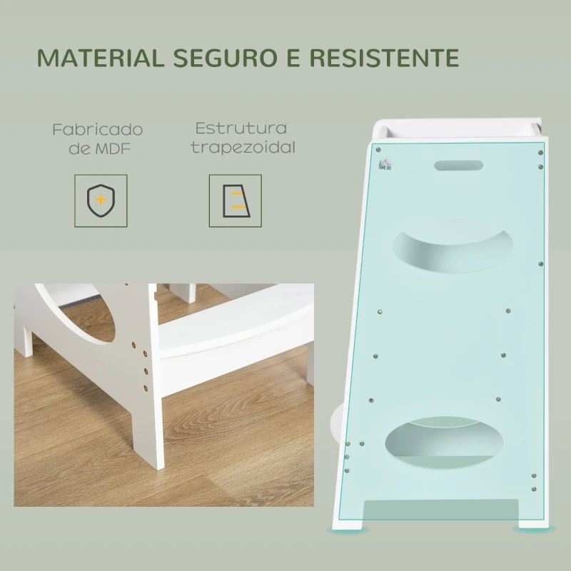 HOMCOM Torre de Aprendizagem de Madeira para Crianças Torre de Aprendizagem Infantil com Altura Ajustável em 3 Posições e Barra de Segurança 40x50x90cm Branco