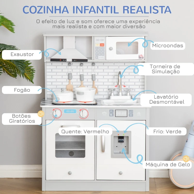 HOMCOM Cozinha Infantil de Madeira para Crianças de 3-6 Anos Cozinha de Madeira Infantil com Luz Sons Acessórios Utensílios Exaustor Lavatório e Microondas 60x29x84cm Cinza