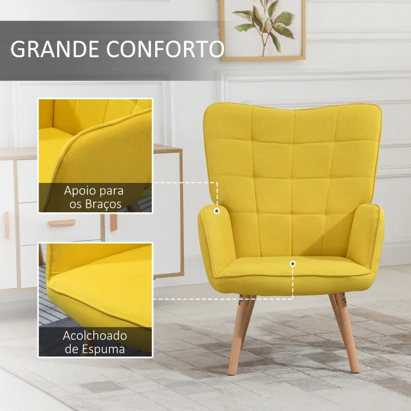HOMCOM Poltrona de Sala de Estar Moderna Poltrona com Encosto Alto Apoio para os Braços Tecido de Linho e Pés de Madeira de Faia para Sala de Jantar Cozinha 71x76x101 cm Amarelo