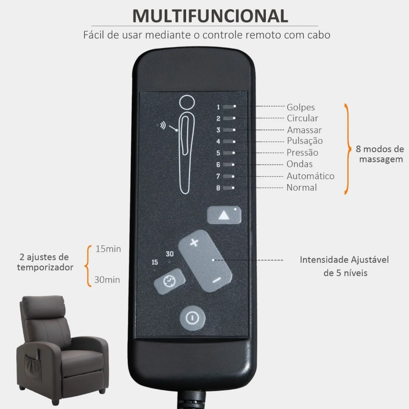 HOMCOM Poltrona de Massagem Reclinável com 2 Zonas de Massagem 8 Programas e 5 Níveis de Intensidade 68x88x98 cm Marrom Escuro