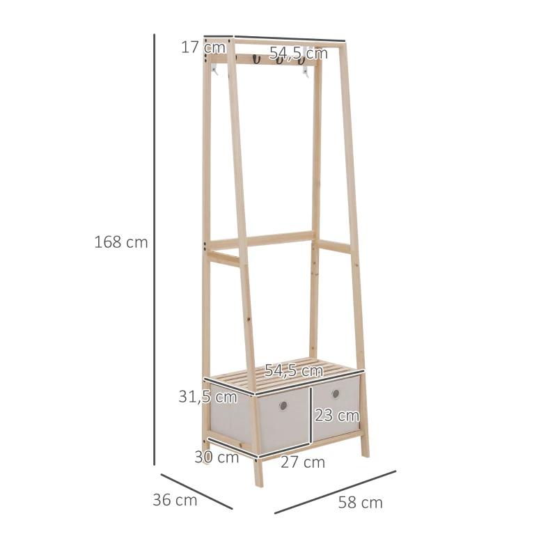 HOMCOM Suporte para Cabides de Madeira 2 Prateleiras Cabide com 2 Gavetas de Tecido 4 Ganchos e Barra para Pendurar 58x36x168cm Madeira