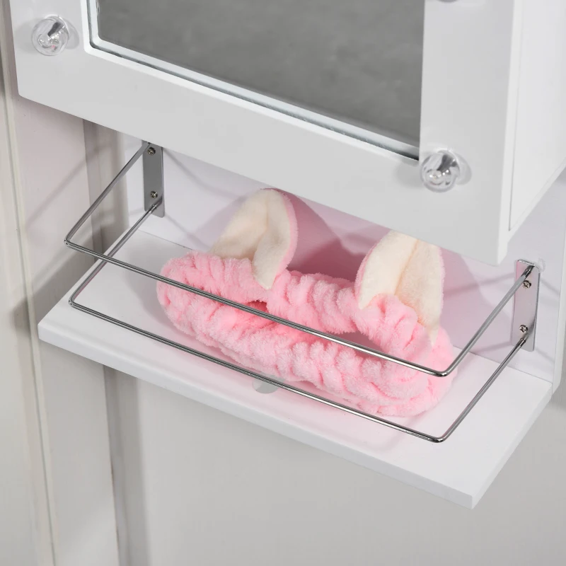 HOMCOM Espelho com Móvel de Bijuterias de Parede ou Porta Armário Guarda Jóias com 18 Luzes LED Altura Ajustável e Prateleira Aberta Organizador de Jóias 31,7x13,4x130cm Branco