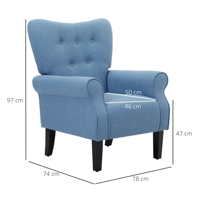 HOMCOM Poltrona de Sala de Estar Estofada Poltrona Relax com Apoio para os Braços Assento Acolchoado e Pés de Madeira Estilo Moderno para Dormitório 78x74x97cm Azul Claro