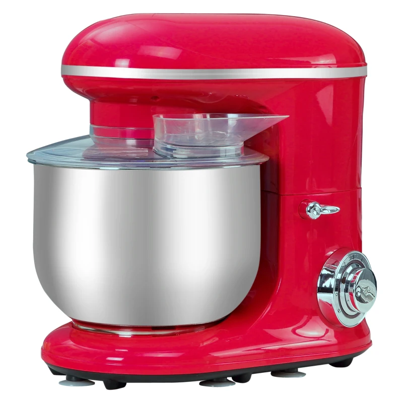 HOMCOM Batedeira para Sobremesa Profissional 1200W Batedeira de Cozinha com 6 Velocidades Taça de Aço Inoxidável de 5,5L e 3 Acessórios Incluidos 37x23x37cm Vermelho