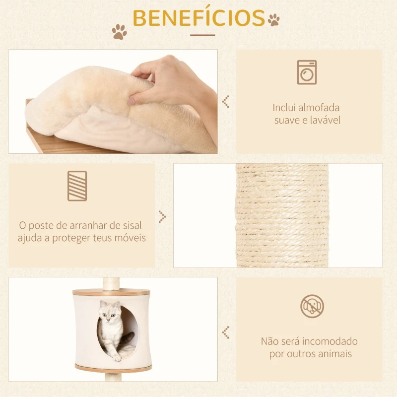 PawHut Árvore para Gatos de Parede com Múltiplas Plataformas Caverna Cama Superior Almofada Removível Postes Arranhadores de Sisal Torre para Escalar 38x30x149cm Bege e Carvalho
