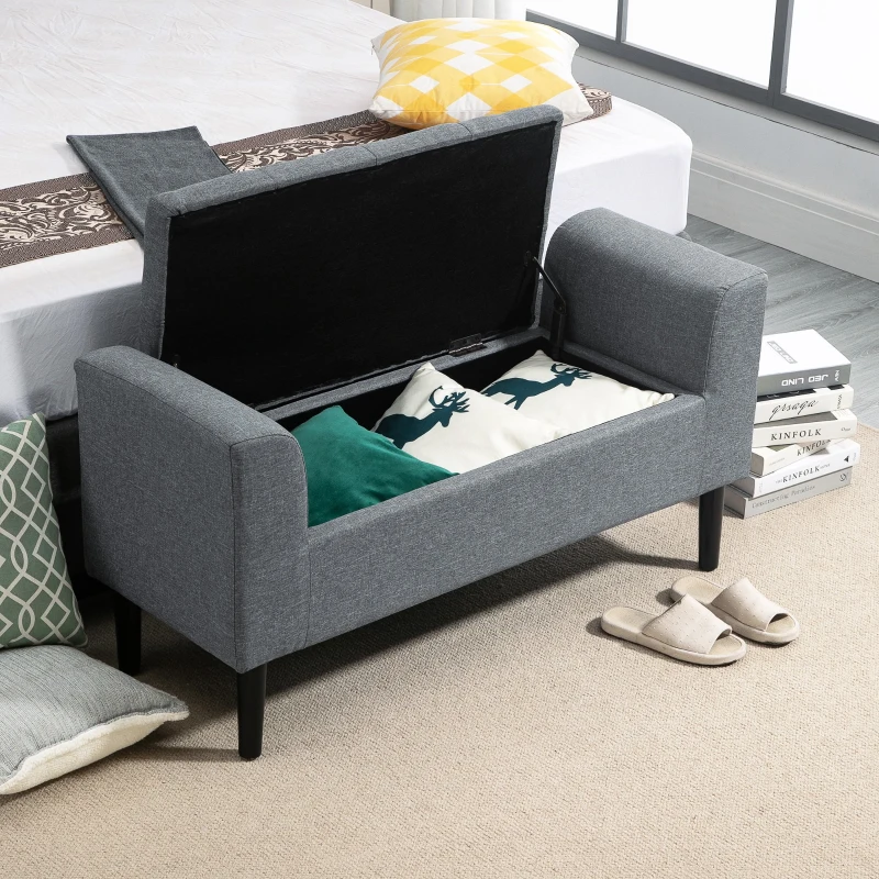 HOMCOM Banco para Pé de Cama Acolchoado com Espaço de Armazenamento Banco Multifuncional com Braços Tampa e Pés de Madeira para Dormitórios Sala de Estar 116x44x58 cm Cinza