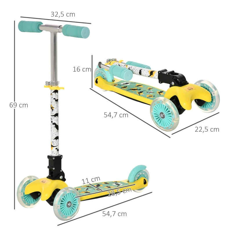 HOMCOM Trotinete para Crianças acima de 3 Anos Dobrável Trotinete com 3 Rodas com Luzes LED Guiador com Altura Ajustável e Freio Posterior Carga Máxima 50kg 54,7x32,5x59-69cm Amarelo