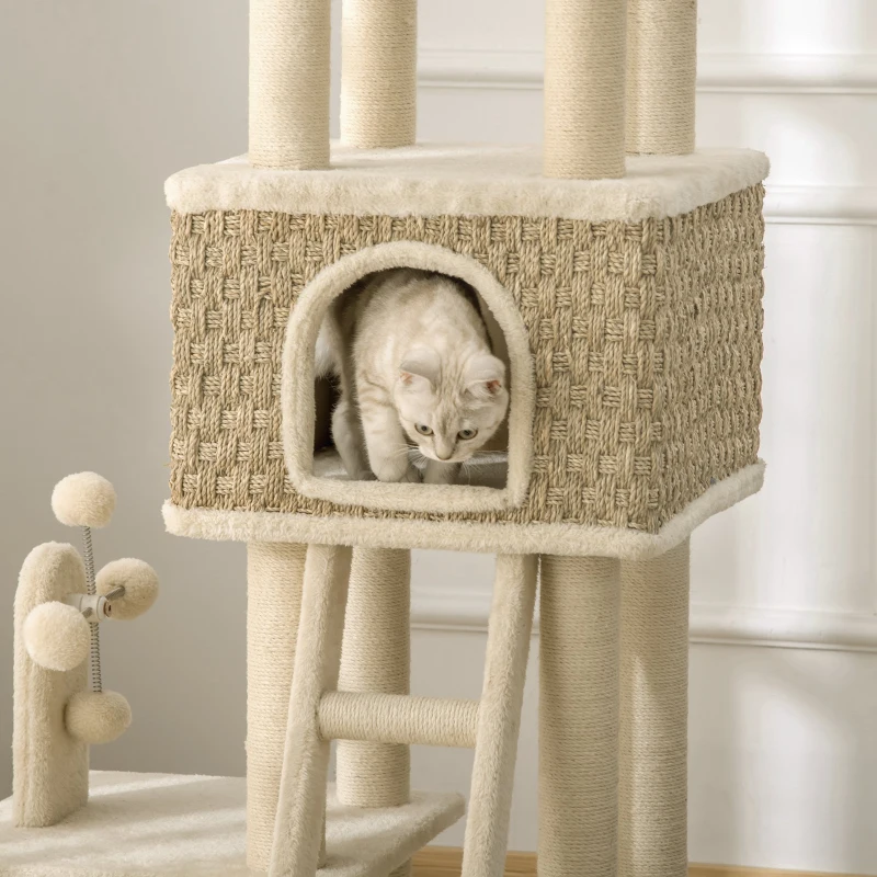 PawHut Árvore Arranhadora para Gatos Grande Altura 131cm com Caverna Postes de Sisal Natural Plataformas Bola Suspensa e Moinho de Vento de Brinquedo 69x40x131cm Bege