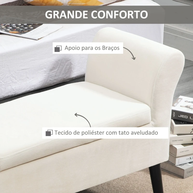 HOMCOM Banco para Pé de Cama Estofado em Veludo Banco de Armazenamento Acolchoado com Tampa Apoio para os Braços Pés de Madeira para Dormitório Sala de Estar 111,5x41x65cm Branco Creme