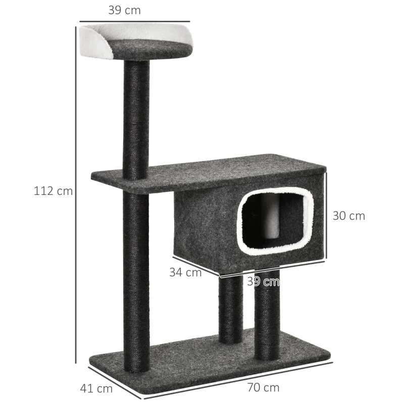 PawHut Árvore para Gatos Torre de Escalada para Gato com Caverna Várias Plataformas e Postes Arranhadores de Sisal Natural Centro de Atividades 70x41x112cm Cinza Escuro