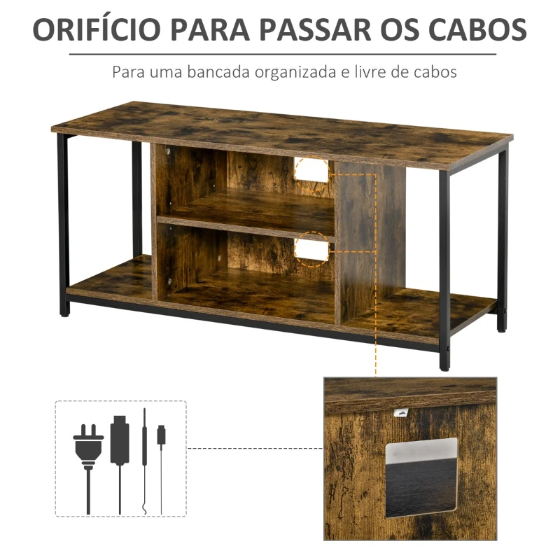 HOMCOM Móvel de TV até 55 Polegadas Móvel de TV Estilo Industrial com 4 Compartimentos Prateleira Ajustável e Orifício para Cabos 110x40x50cm Castanho Rústico