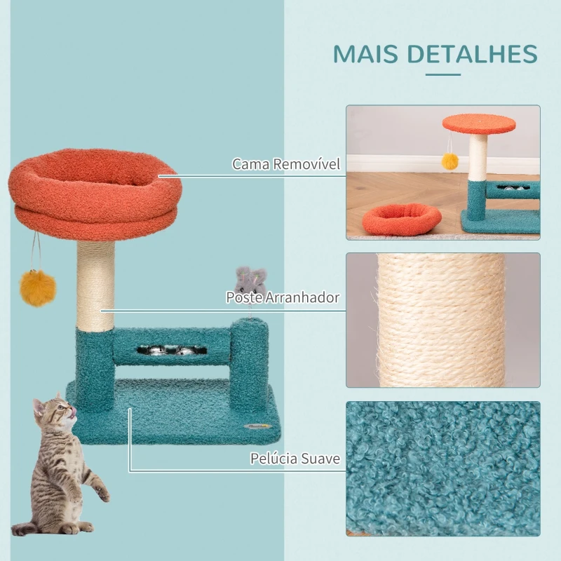 PawHut Árvore para Gatos Pequenos com Cama Removível Rolo com Sinos Poste Arranhador de Sisal Bola Suspensa e Brinquedo 37x25x45cm Azul e Laranja