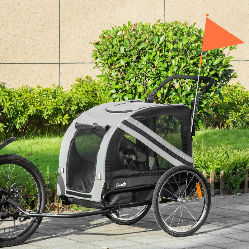 PawHut Reboque de Bicicleta para Cães 2 em 1 Transporte para Animais de Estimação com Porta Enrolável Janelas Cinto de Segurança Bandeira e 6 Refletores 140x72,5x108 cm Cinza
