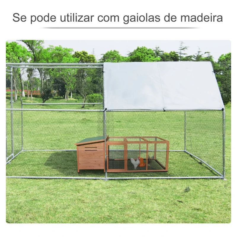 PawHut Galinheiro de Exterior Grande 3x4x1,95cm Gaiola de Metal Galvanizado para Galinhas Coelhos Aves com Fechadura e Cobertura de Tecido de Oxford Prata