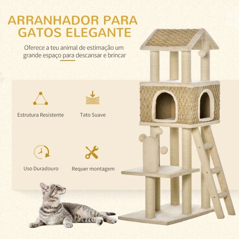 PawHut Árvore Arranhadora para Gatos Grande Altura 131cm com Caverna Postes de Sisal Natural Plataformas Bola Suspensa e Moinho de Vento de Brinquedo 69x40x131cm Bege